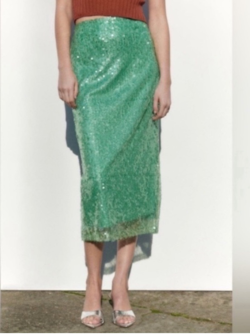 ZARA Green Sequin Lace Pencil Skirt NWT